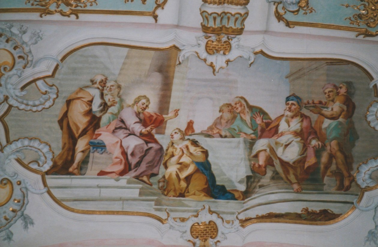 Fresco in het schip van de kerk door Johann Baptist Zimmermann