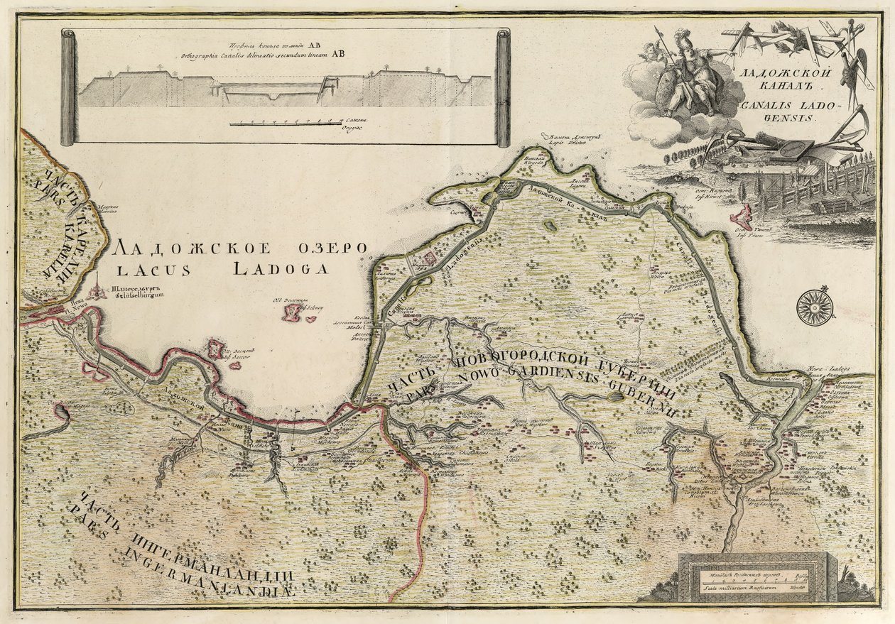 De kaart van het Ladoga-kanaal (1741-42) door Johann Elias Grimmel