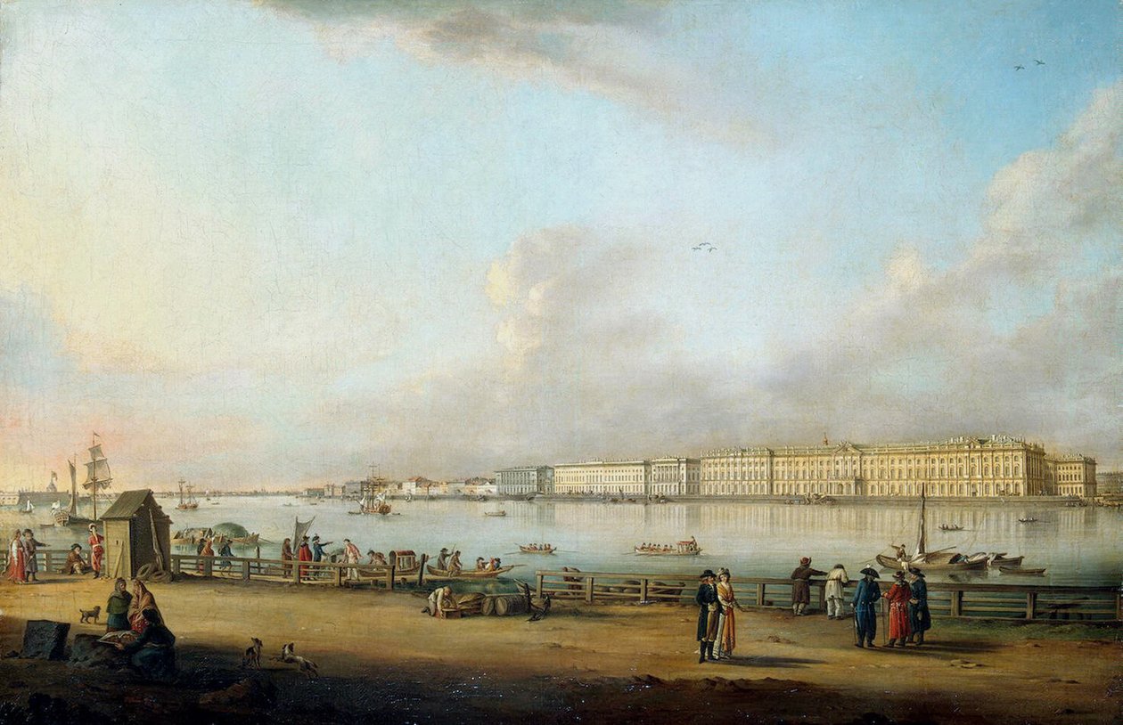 Uitzicht op het Winterpaleis vanaf Vasilyevsky-eiland, 1796 door Johann Georg Mayr