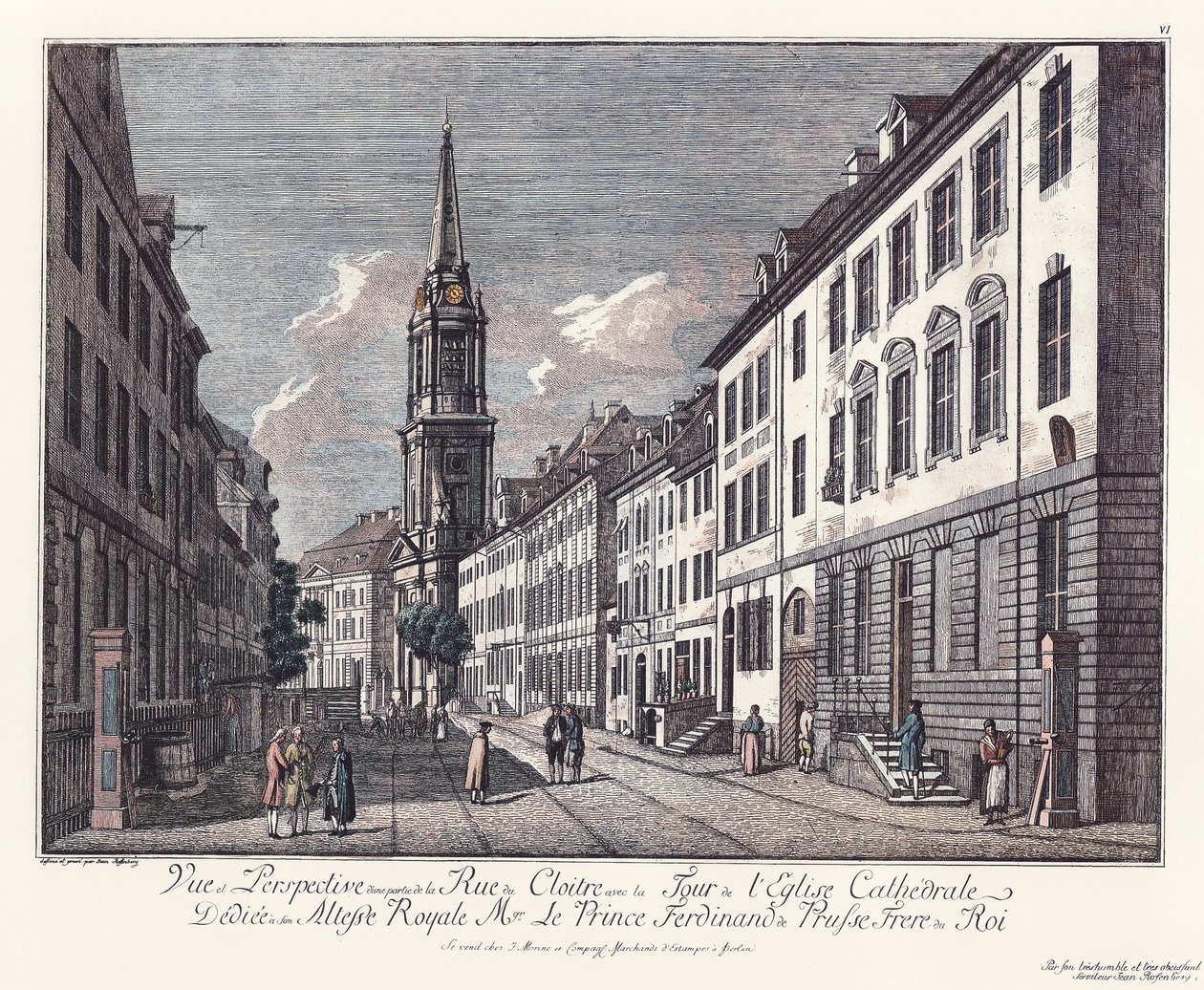 Blik in de Klosterstraße met de Parochialkirche, Oud-Berlijn door Johann Georg Rosenberg