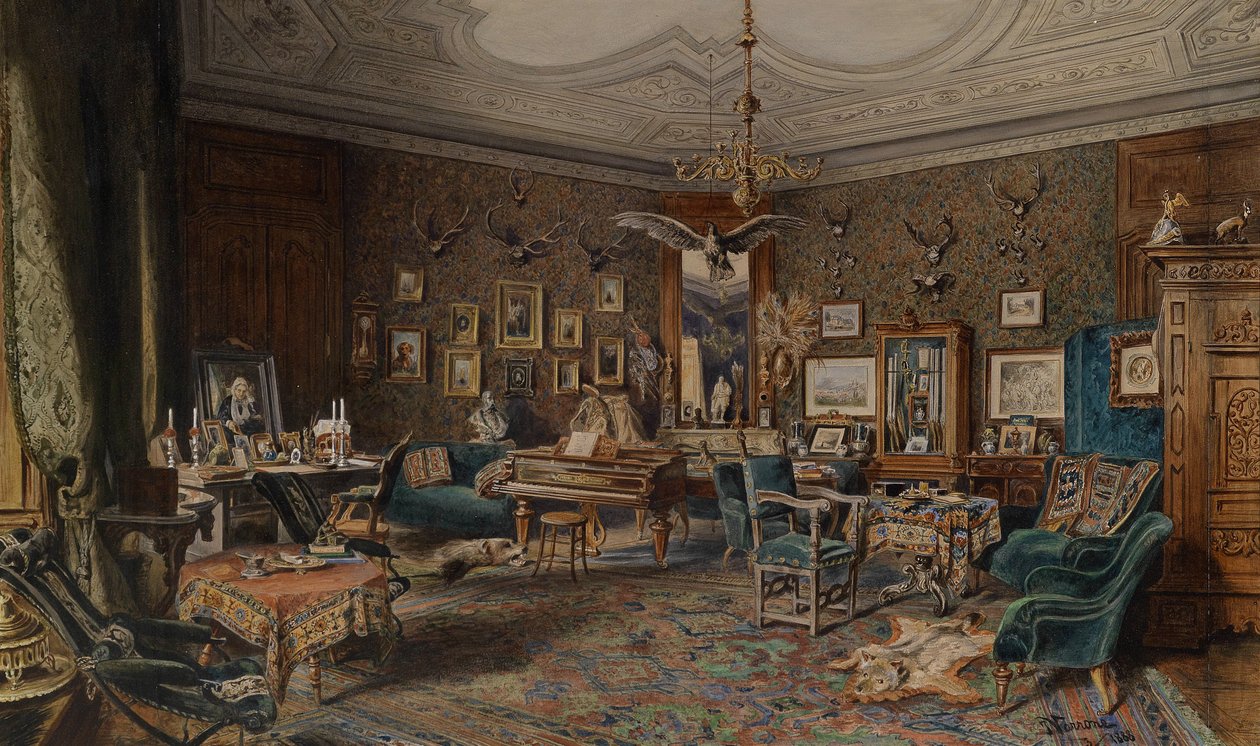 Heerlijk interieur met jachttrofeeën aan de muur door Johann Varrone