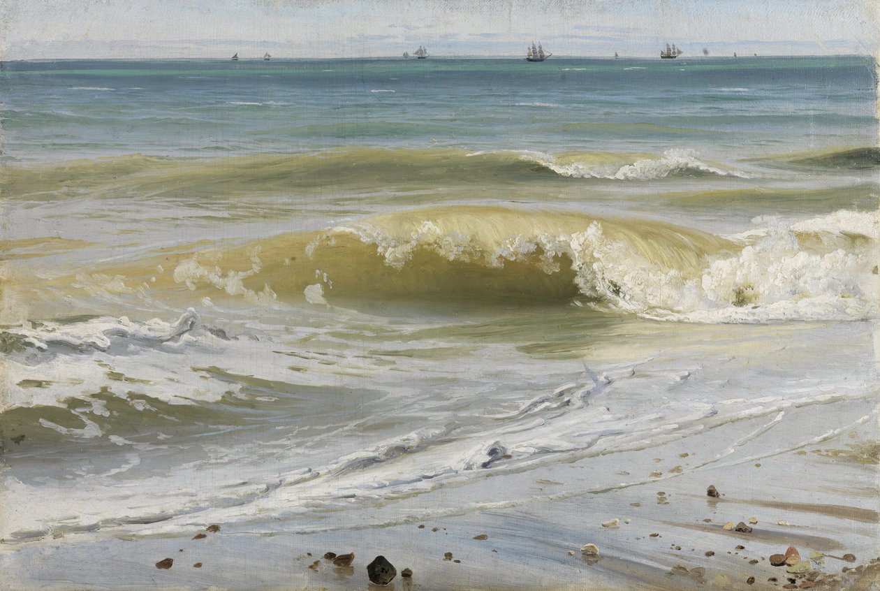 Breken van golven met verre schepen door Johann Wilhelm Schirmer