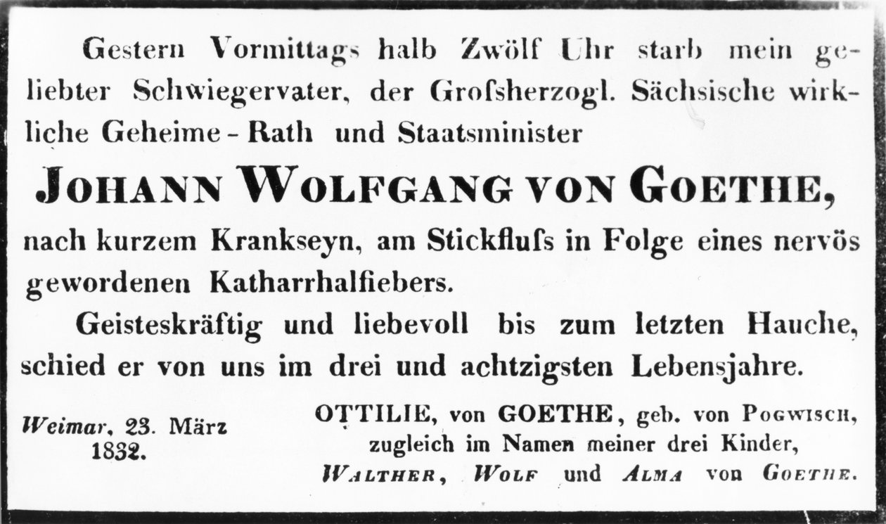 Overlijdensbericht van Johann Wolfgang von Goethe, 1832 door Johann Wolfgang von Goethe