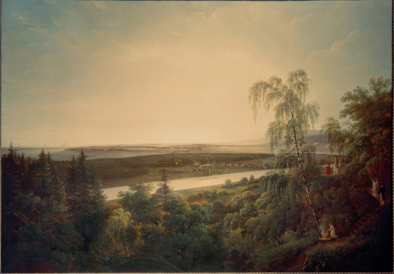 Elblandschap met uitzicht op Dresden door Johann Christian Klengel