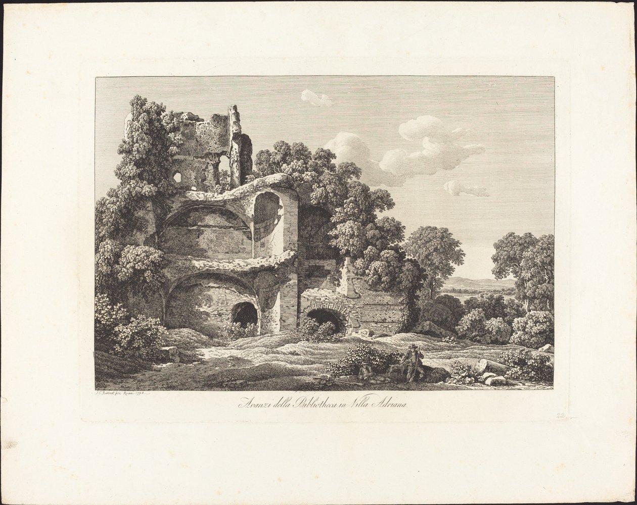 Restanten van de bibliotheek in Villa Adriana door Johann Christian Reinhart