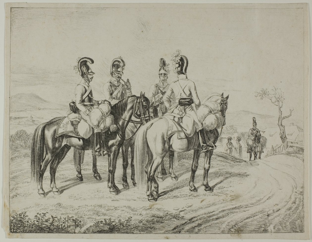 Vier kurassiers op een helling door Johann Christoph Erhard