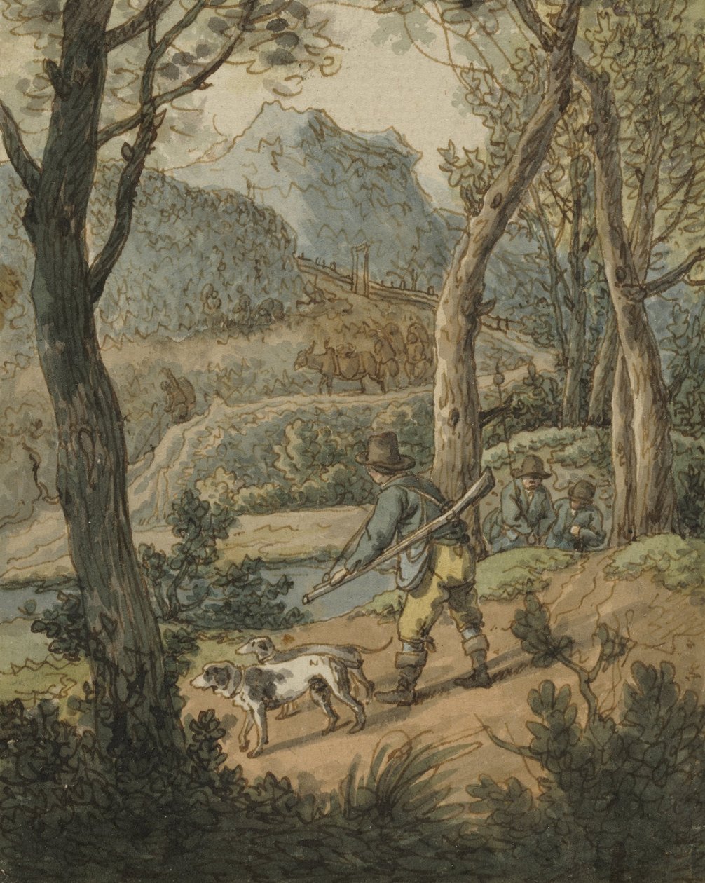 Jager met twee honden door Johann Georg von Dillis
