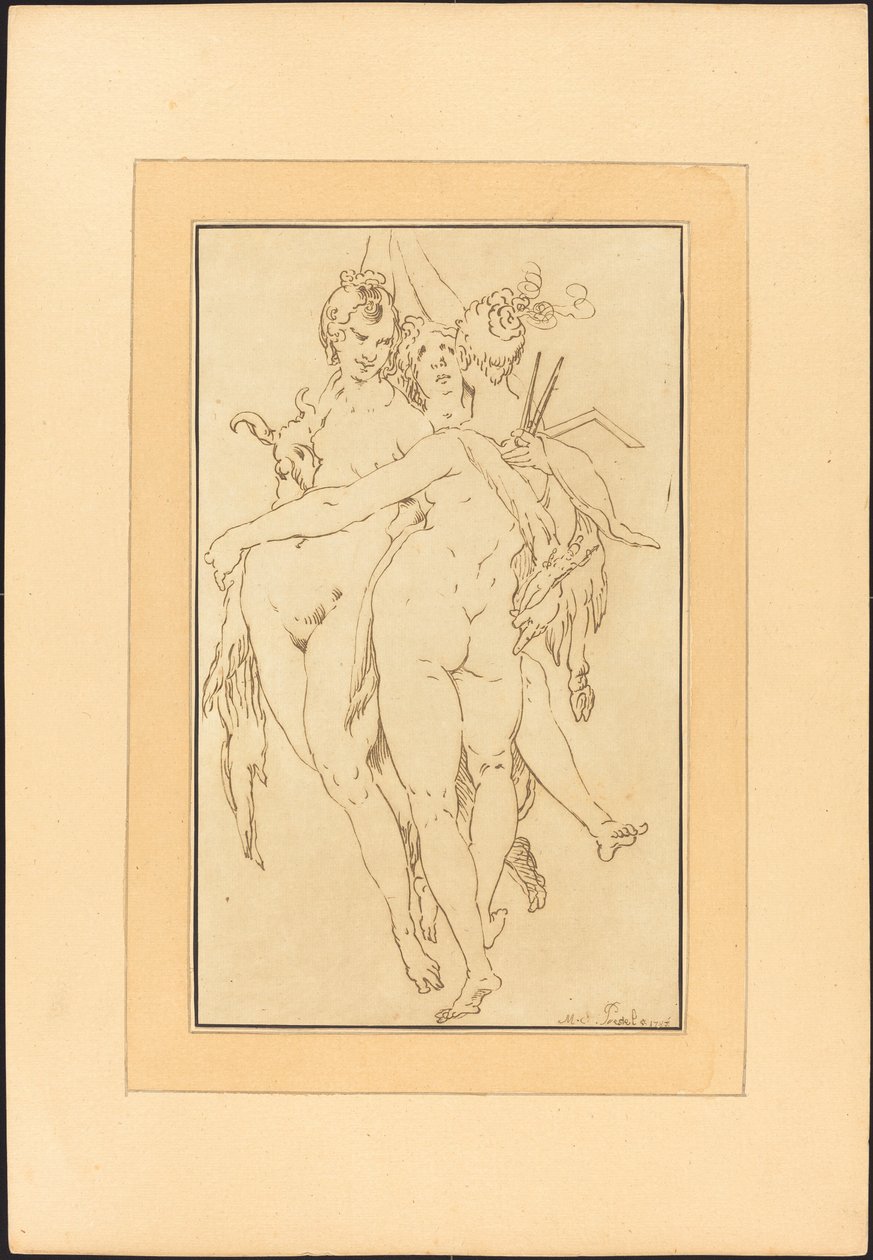 Beeldhouwkunst, schilderkunst, architectuur door Johann Gottlieb Prestel after Bartholomaeus Spranger