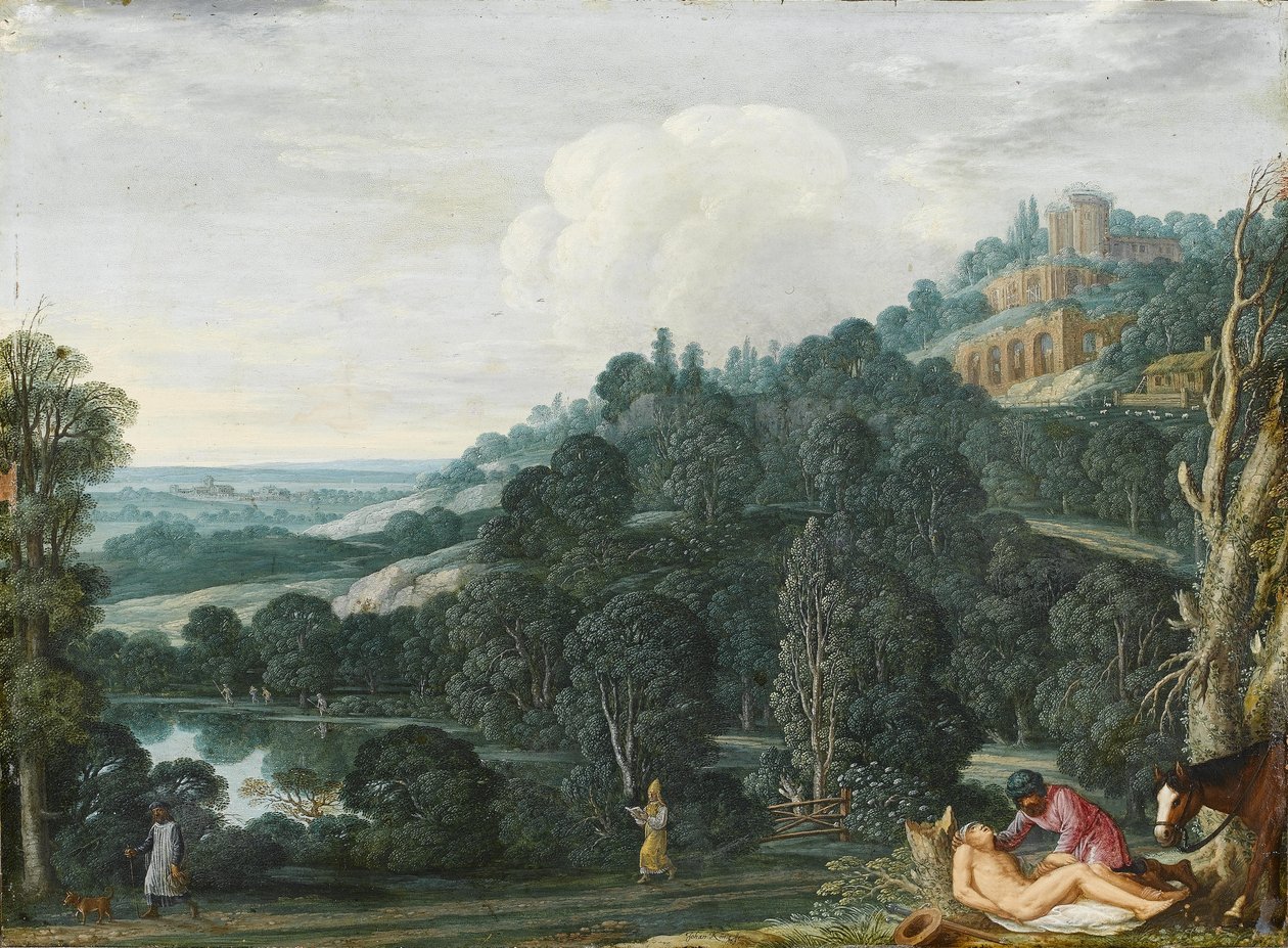 Een uitgestrekt landschap met de barmhartige Samaritaan door Johann König