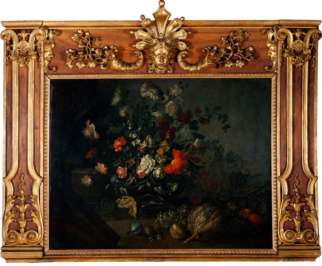 Bloemenstilleven met druiven, pompoen en granaatappels door Johann Kunstner
