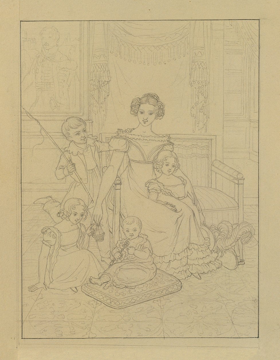 Contourtekening van een moeder met vier kinderen door Johann Peter Krafft
