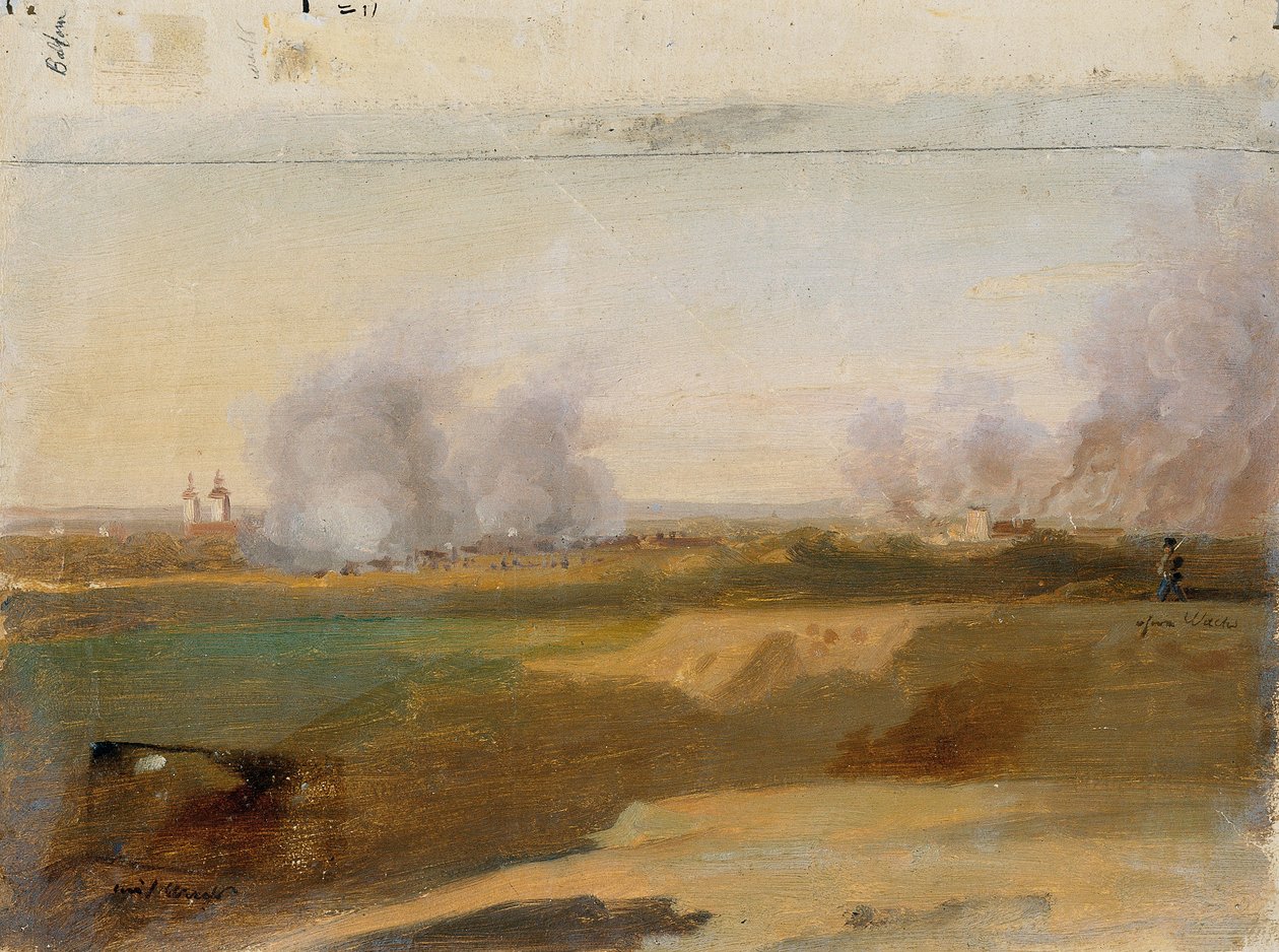 Landschapsstudie met brandende dorpen op de achtergrond door Johann Peter Krafft