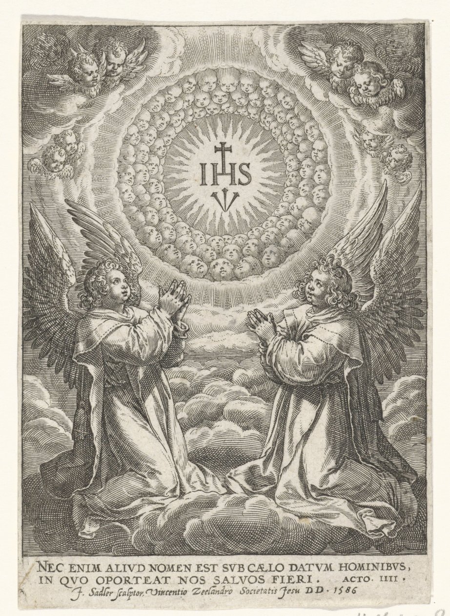 Engelen aanbidden het monogram van Christus door Johann Sadeler (I)