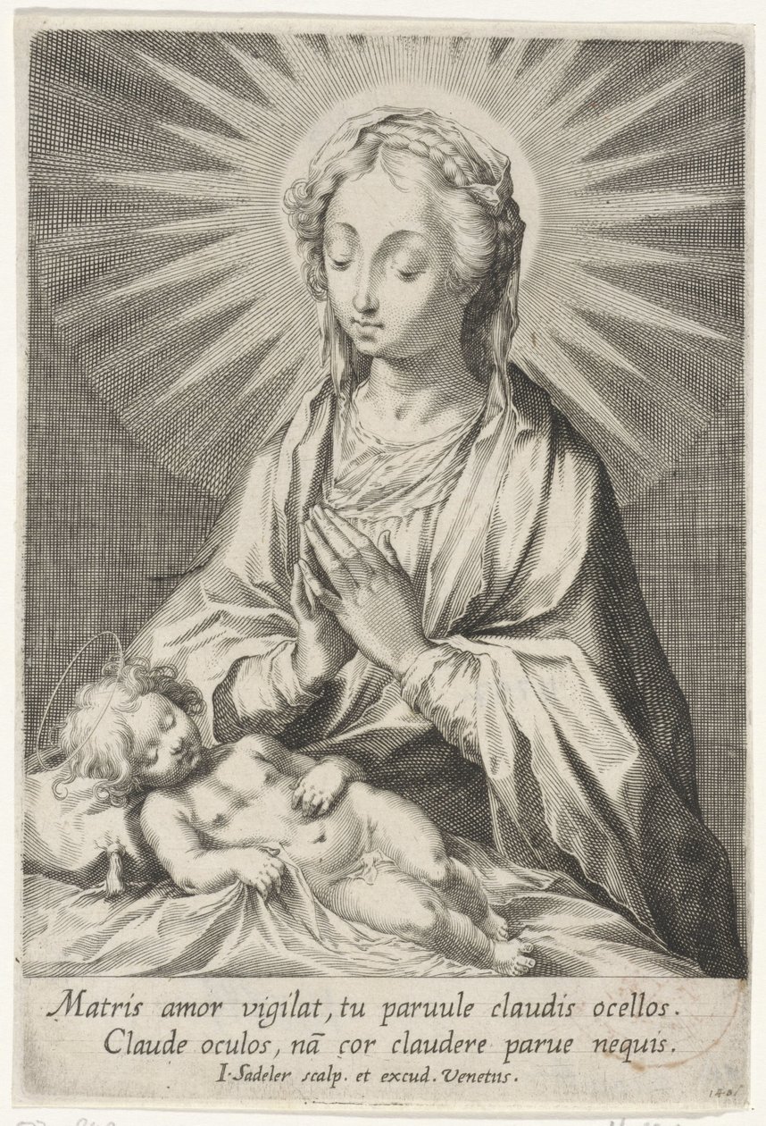 Maria aanbidt het slapende Christuskind door Johann Sadeler (I)