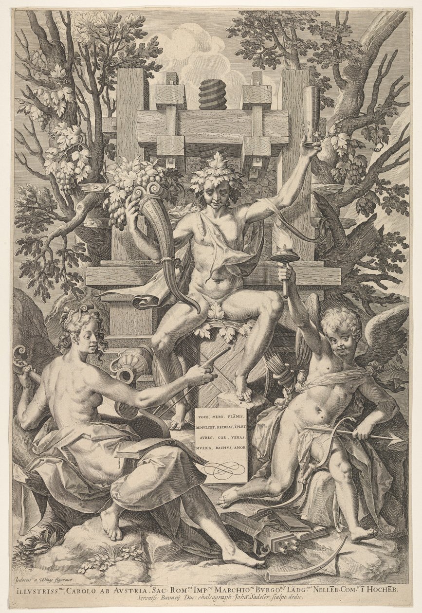 Bacchus, muziek, Amor door Johann Sadeler I