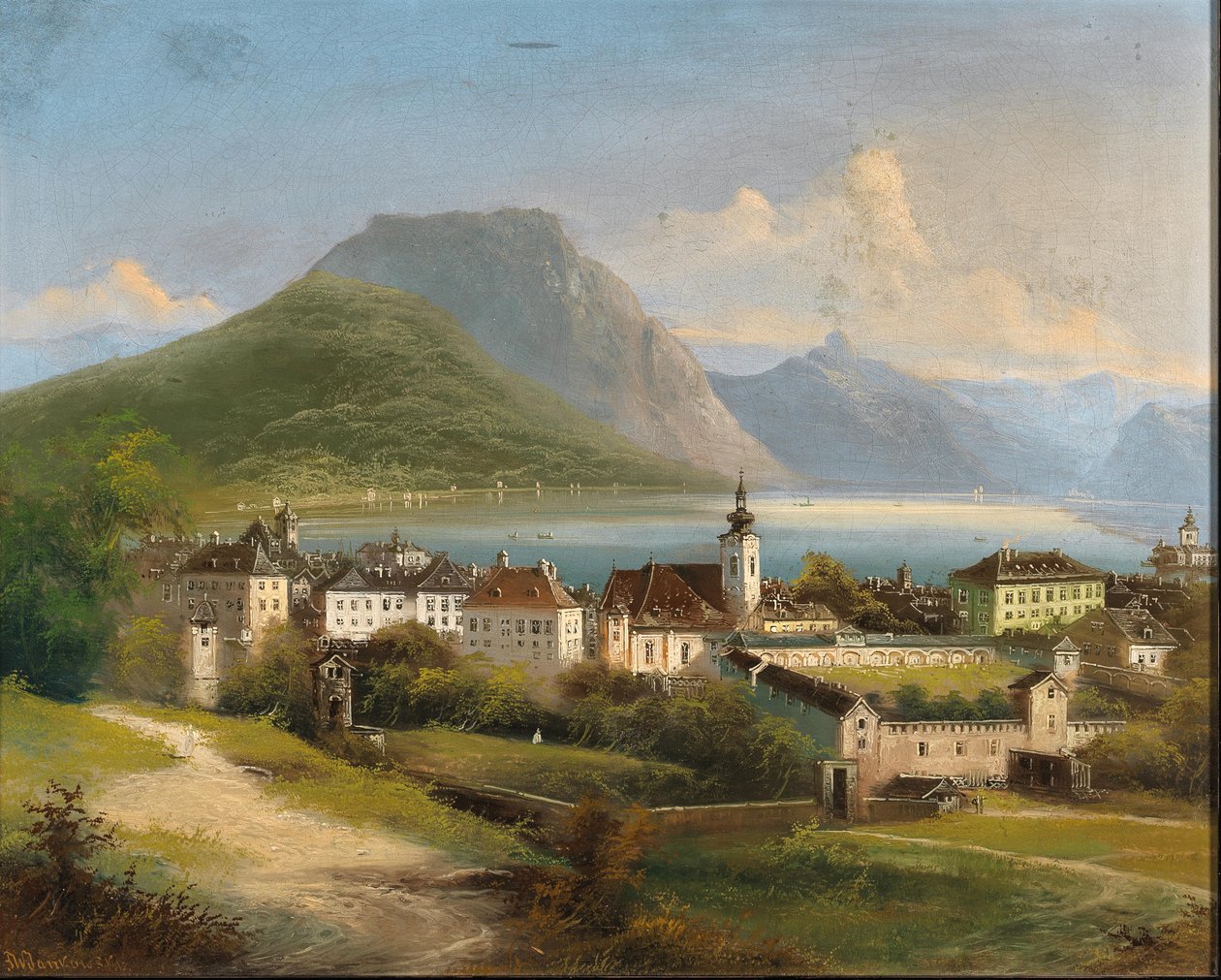 Johann Wilhelm Jankowski Zicht op Gmunden door Johann Wilhelm Jankowski