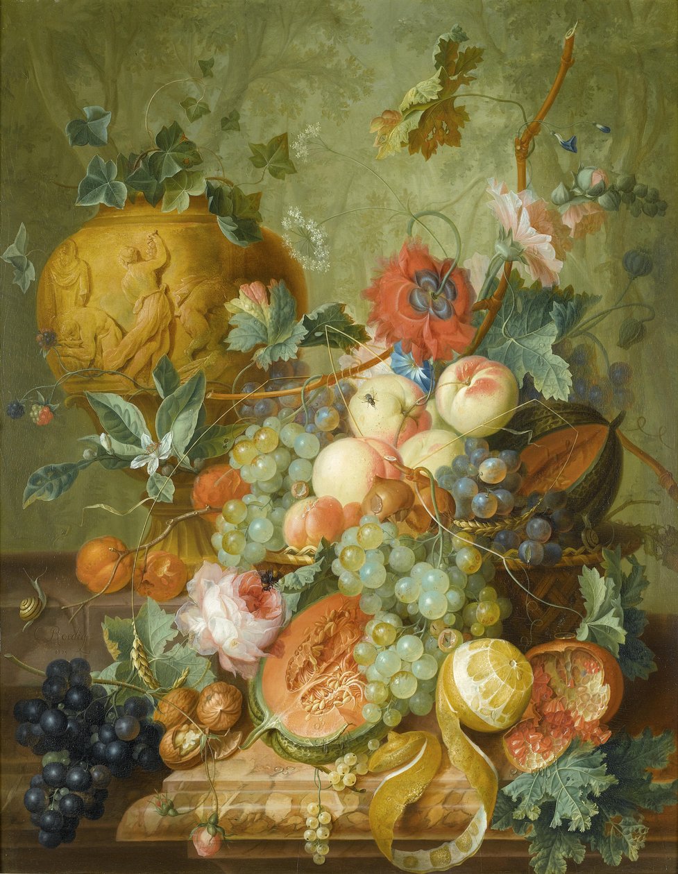 Stilleven met fruit en bloemen door Johannes Christianus Roedig