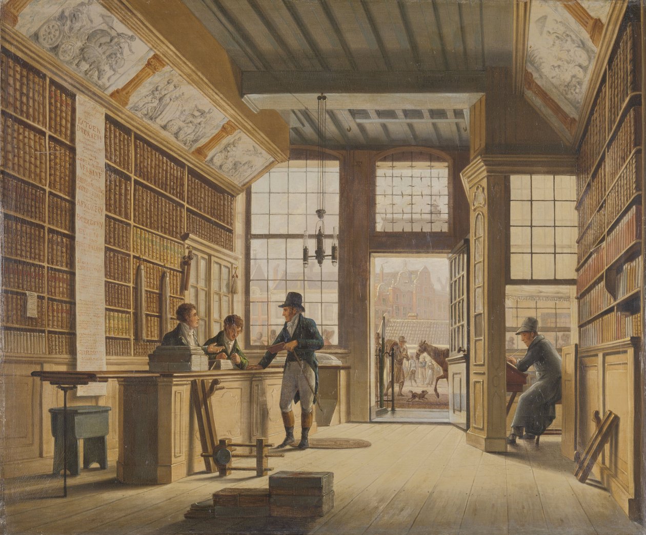 De Winkel van de Boekhandelaar Pieter Meijer Warnars op de Vijgendam in Amsterdam, 1820 door Johannes Jelgerhuis