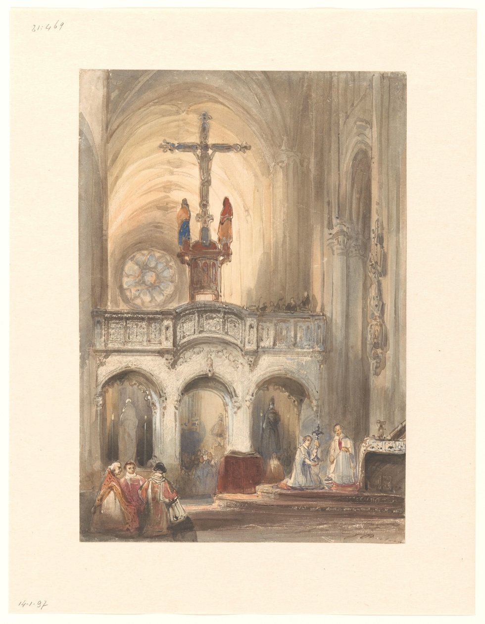 Kerkinterieur met mis door Johannes Bosboom