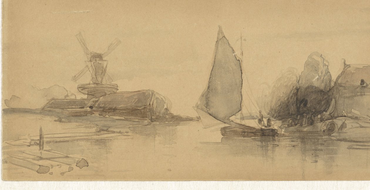 Riviergezicht met zeilschip door Johannes Bosboom