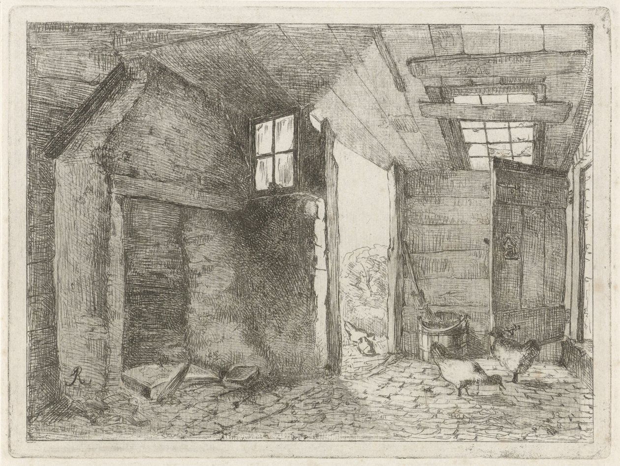 Schuur met kippen door Johannes Everhardus Rijnboutt