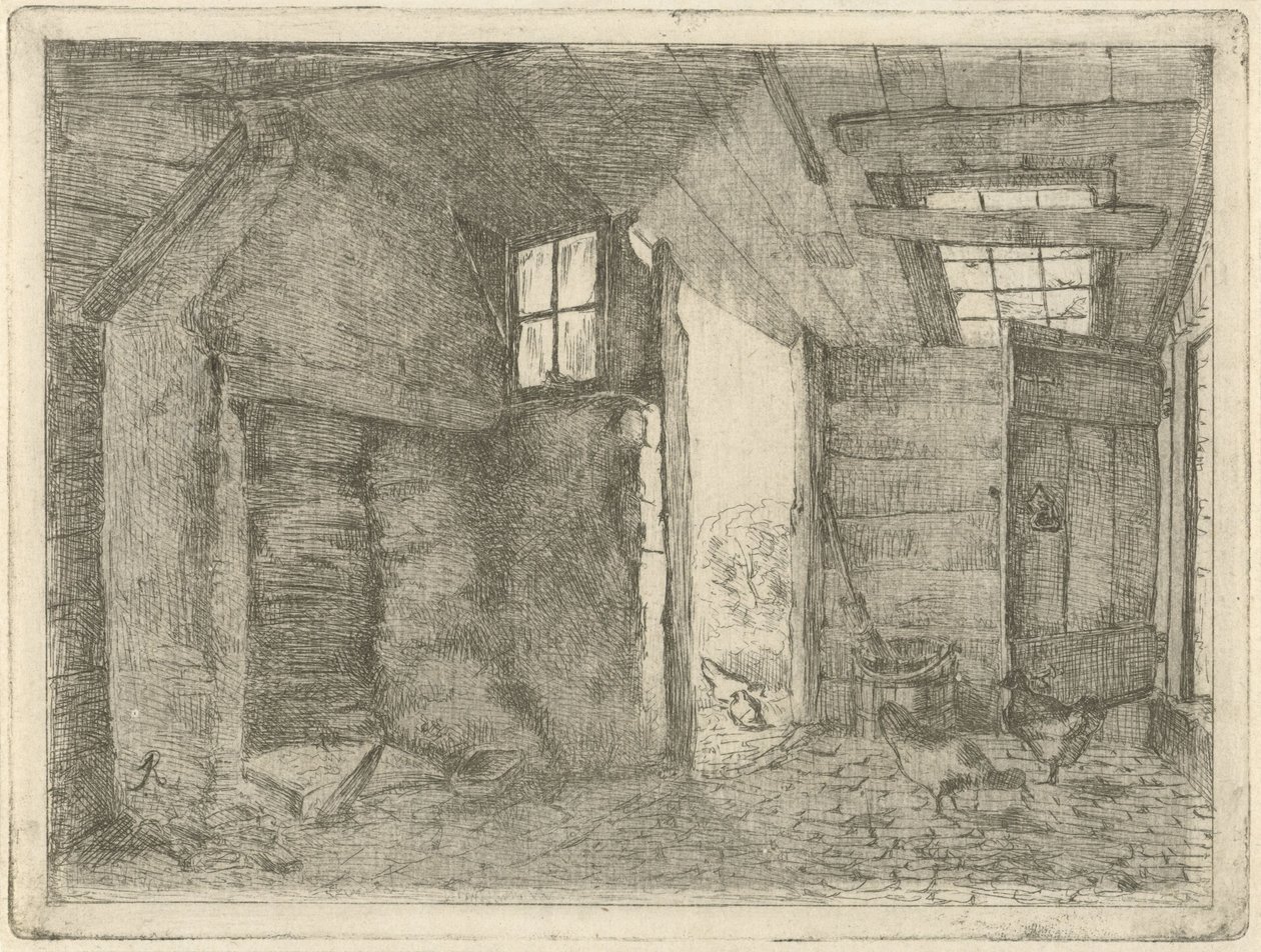 Schuur met kippen door Johannes Everhardus Rijnboutt