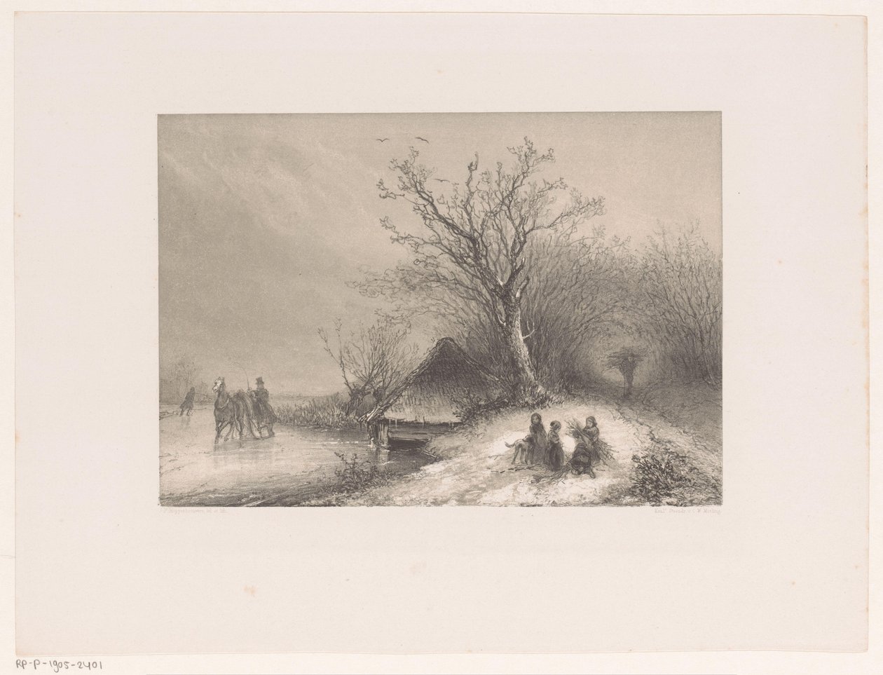 Wintergezicht met arrenslee op het ijs door Johannes Franciscus Hoppenbrouwers
