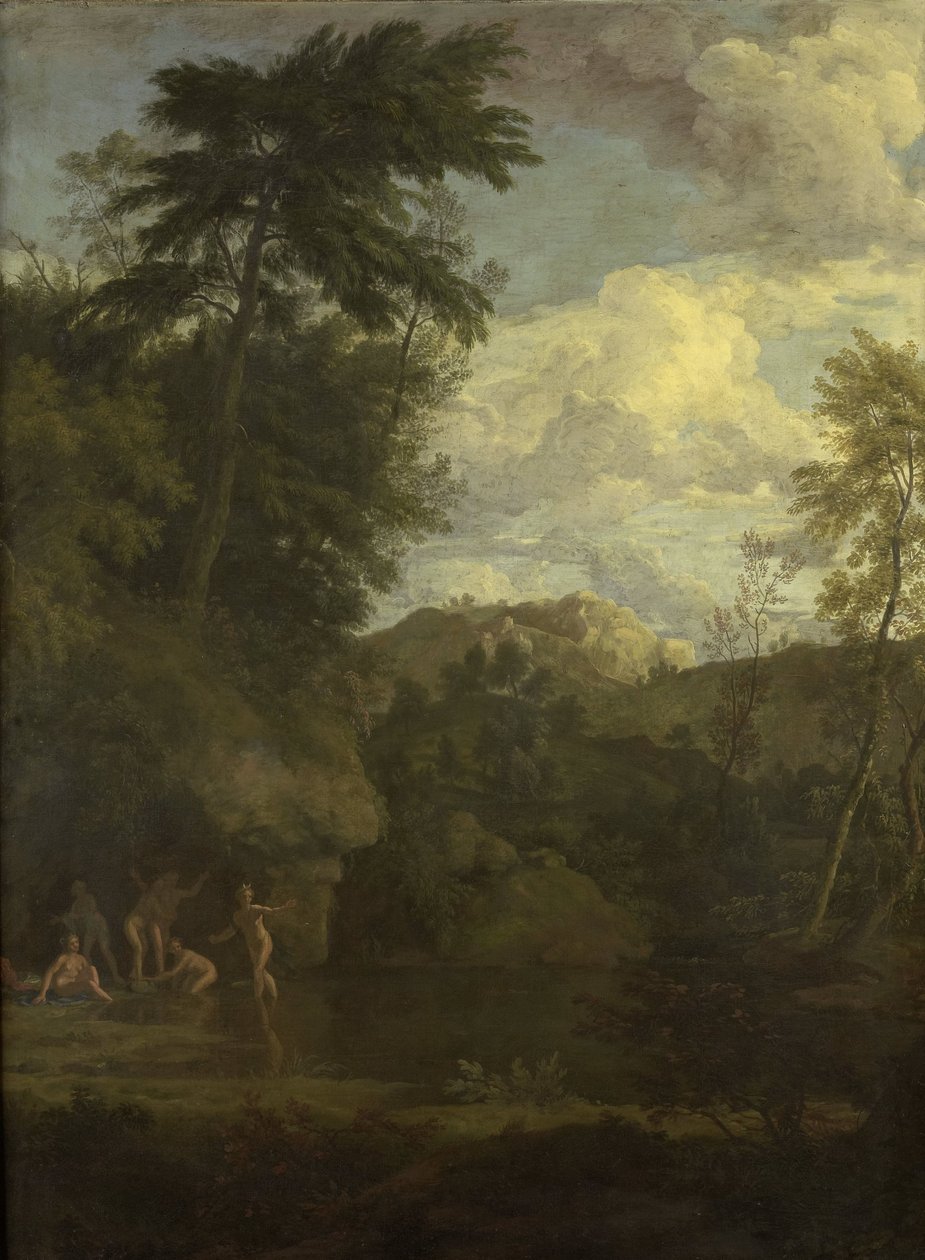 Arcadisch landschap met badende Diana door Johannes Glauber