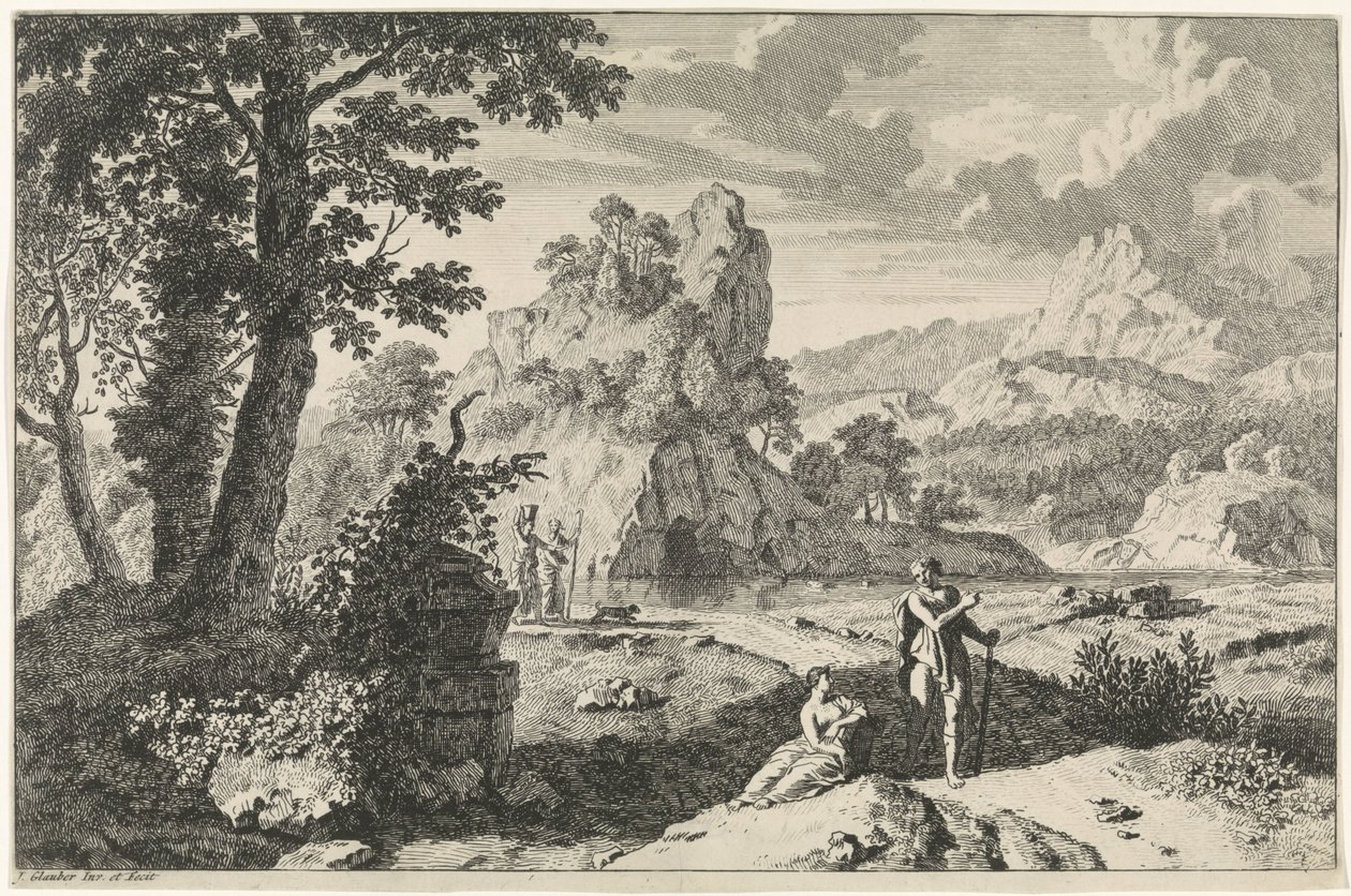 Arcadisch landschap met ruïnes door Johannes Glauber