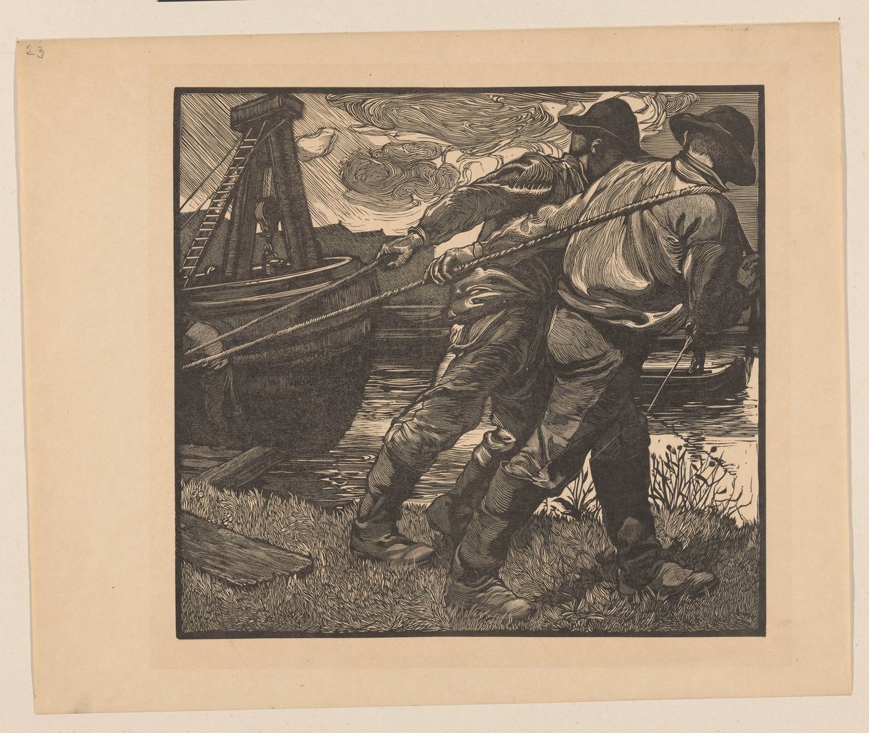 Arbeiders met touwen op oever door Johannes Josephus Aarts