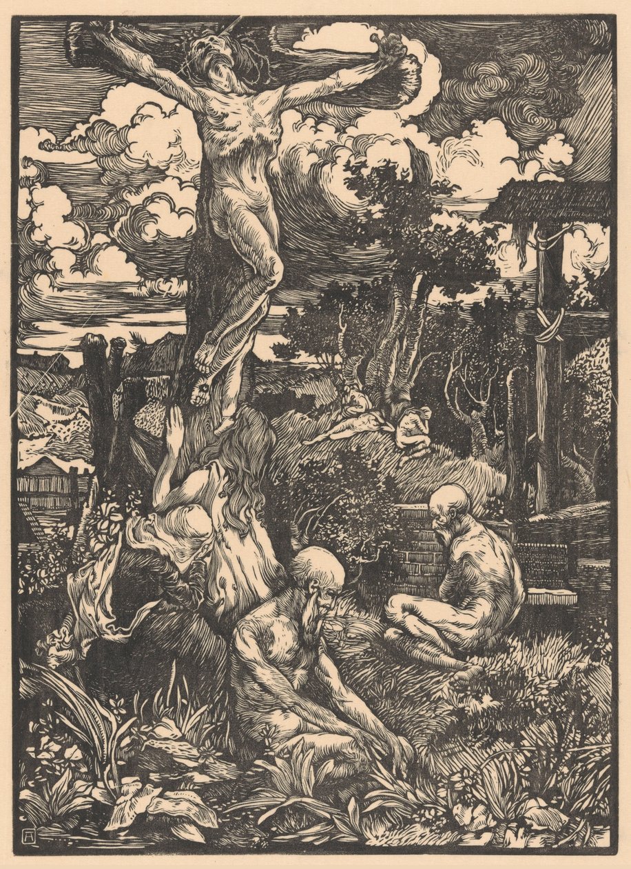 Gekruisigde man in heuvellandschap door Johannes Josephus Aarts