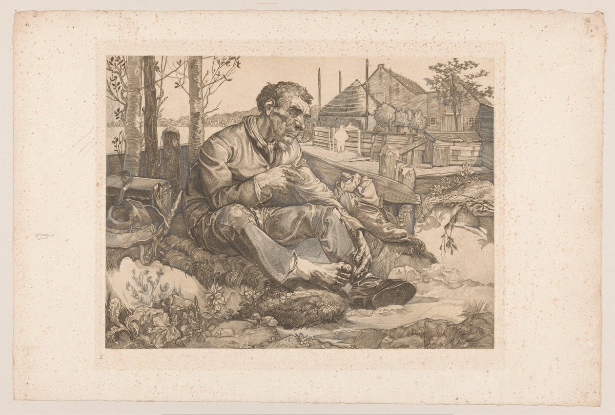 Rustende man bij boerderij door Johannes Josephus Aarts