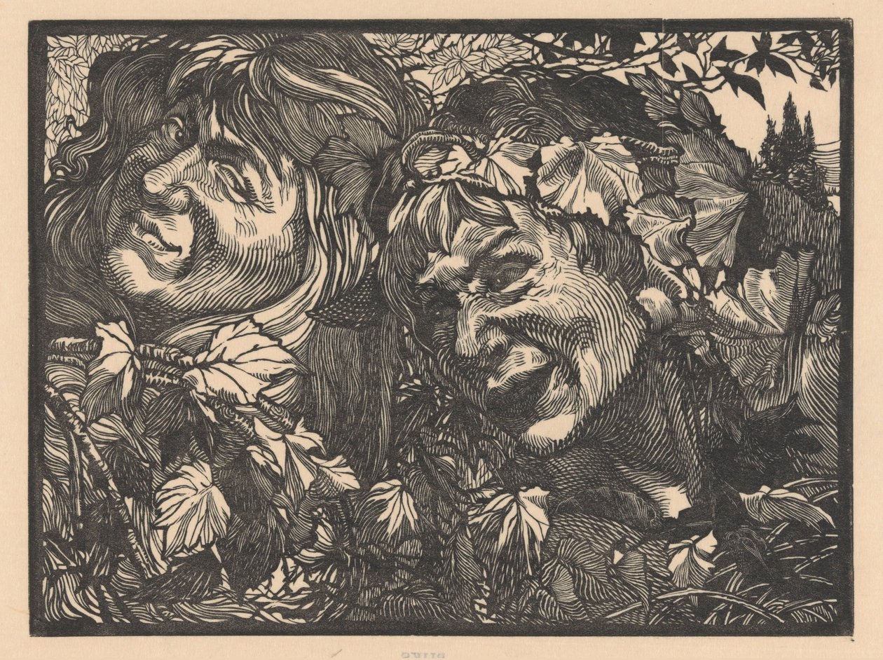 Twee bacchanten omgeven door wingerdbladeren door Johannes Josephus Aarts