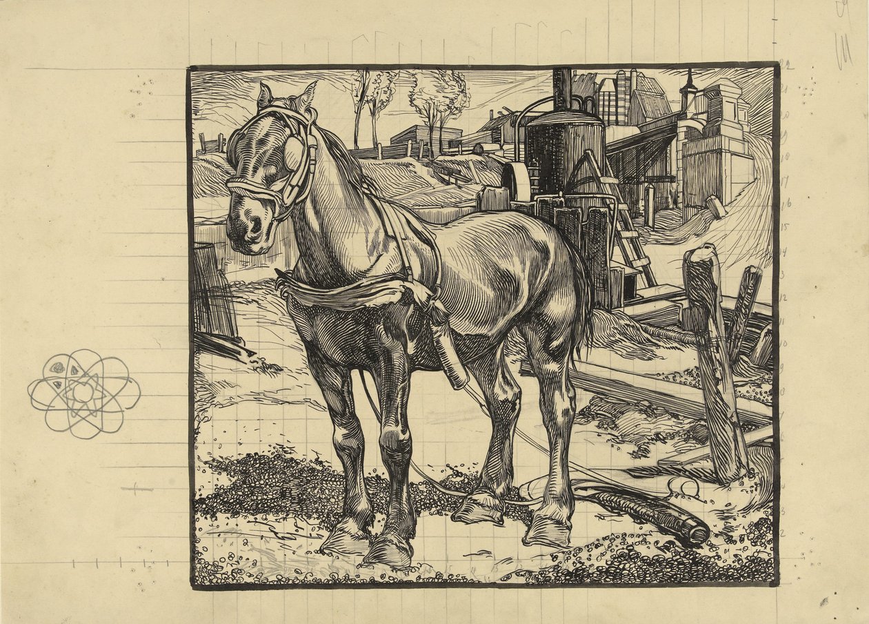 Werkpaard, bij een heimachine rustend door Johannes Josephus Aarts
