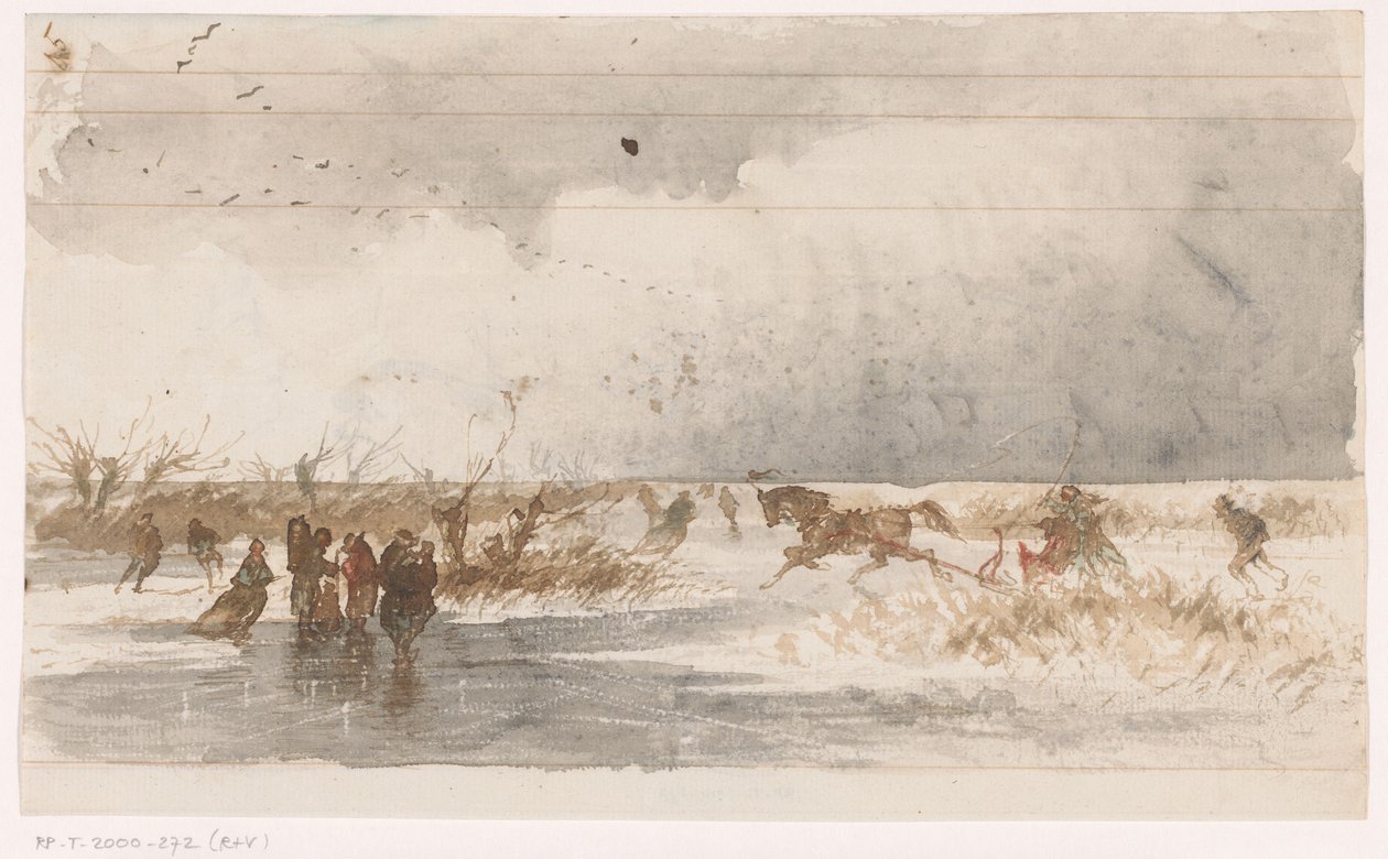 Schaatsers en arrenslee op het ijs door Johannes Tavenraat