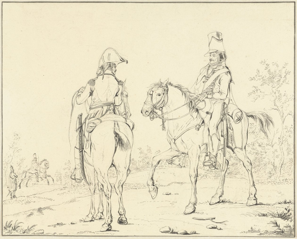 Twee Franse cavaleristen te paard door Johannes Vinkeles