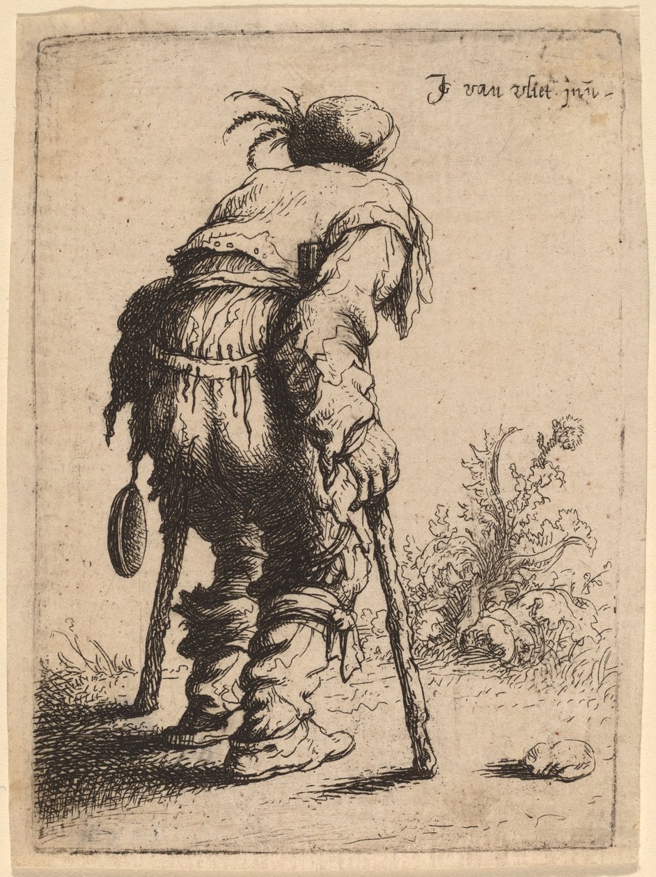 Bedelaar met twee krukken door Johannes van Vliet