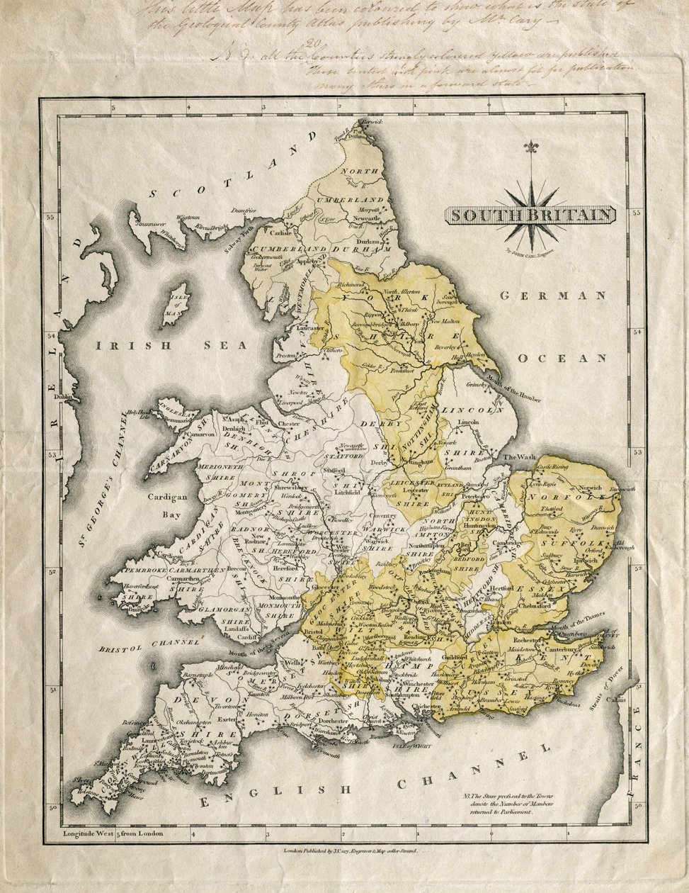 Kaart van Zuid-Brittannië, ingekleurd om geologische interessegebieden te tonen, geannoteerd door William Smith (1769-1839) door John Cary