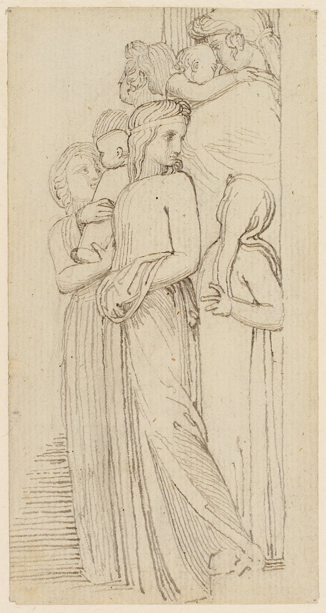Een groep vrouwen en kinderen in een deuropening door John Flaxman