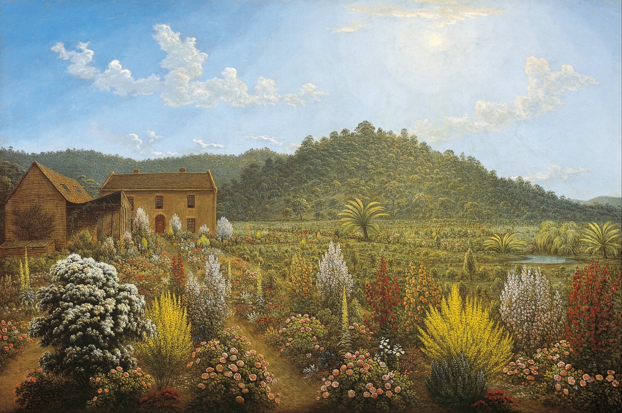 Een uitzicht op het huis en de tuin van de kunstenaar, in Mills Plains, Van Diemens Land door John Glover
