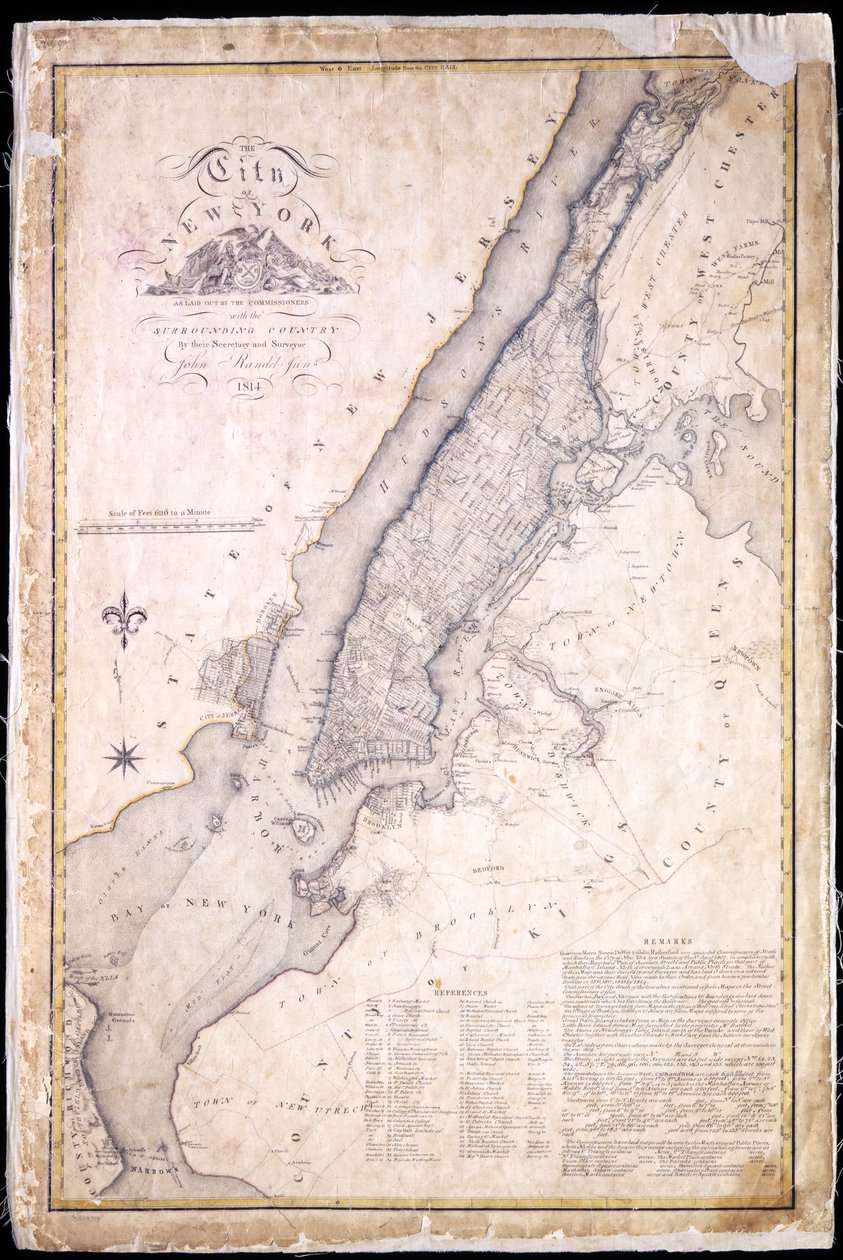 De Stad New York, zoals uitgelegd door de Commissarissen met het Omringende Land, door hun Secretaris en Landmeter John Randel, Jr., 1814 door John Jr. Randel