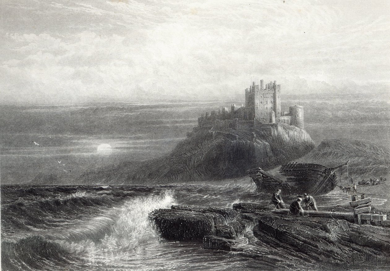 Bamborough Castle, gegraveerd door S. Bradshaw, gedrukt door Cassell en Company Ltd. door John Mogford