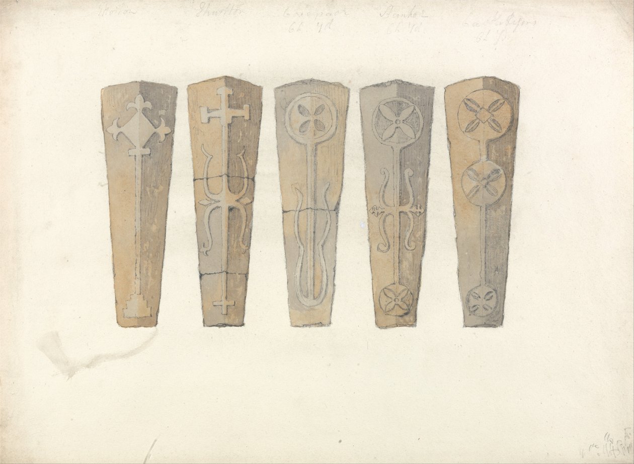 Studies van vijf doodskisten uit kerken in Norfolk door John Sell Cotman