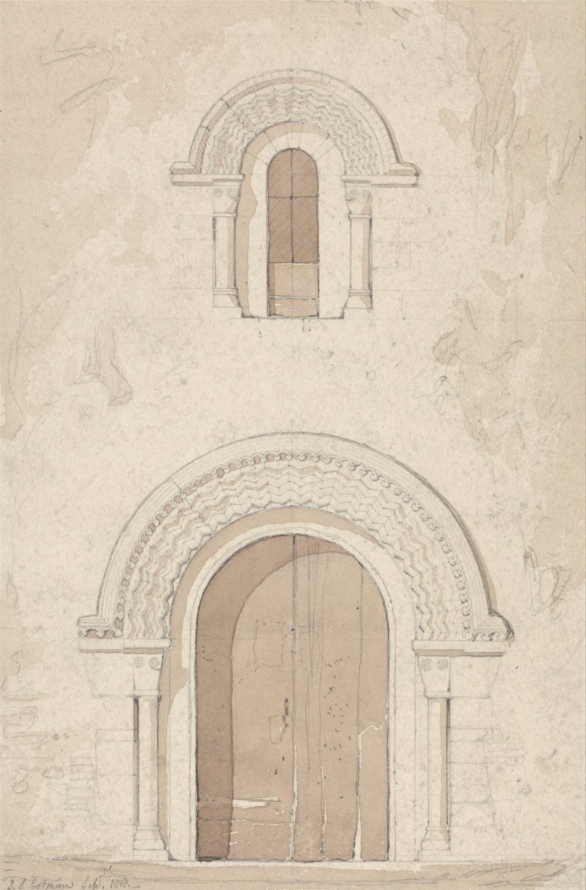 Westelijke deur en raam in de kerk van Ham bij Valognes, Normandië door John Sell Cotman