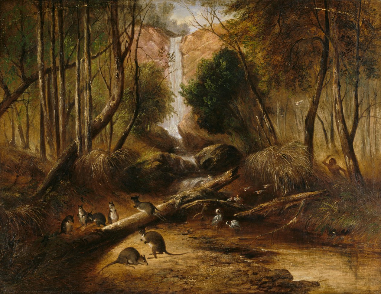 (Boslandschap met Waterval en een Aborigine die Inheemse Dieren Besluipt, Nieuw-Zuid-Wales) door John Skinner Prout