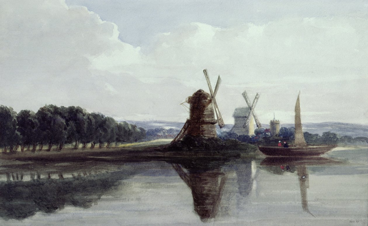 Windmolens bij een Rivier, 19e eeuw door John Smeaton Chase