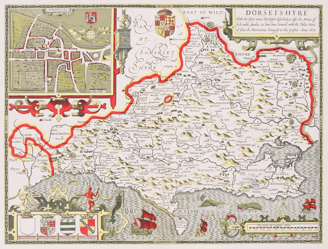 Dorsetshire, gegraveerd door Jodocus Hondius (1563-1612) uit John Speed