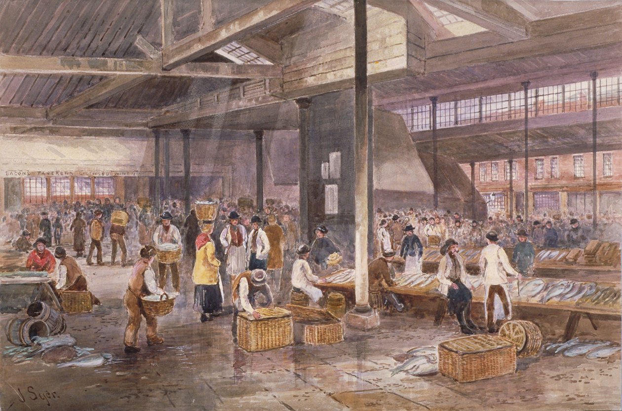 Interieur van de Billingsgate vismarkt, c.1849 door John Syer