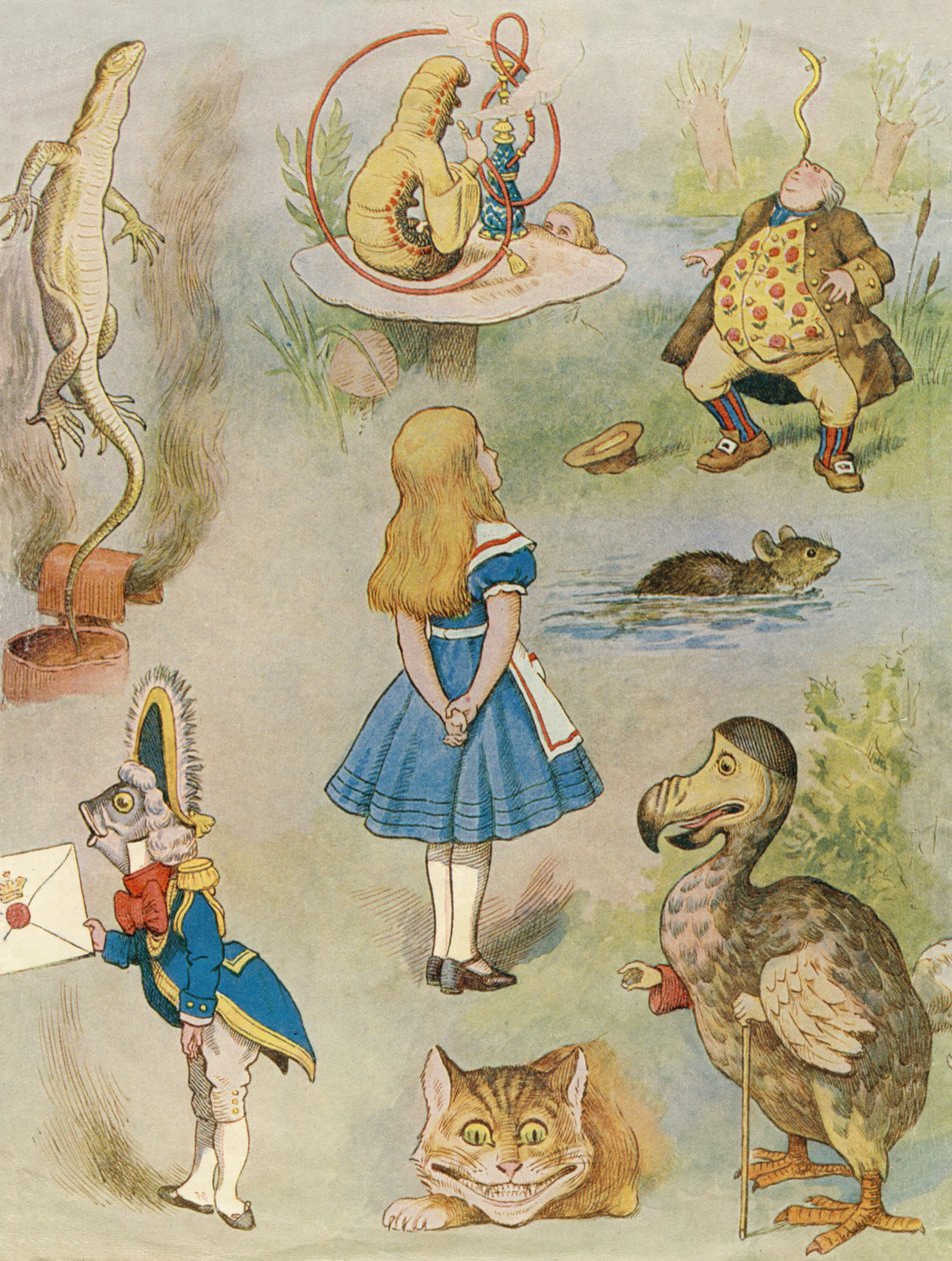 Personages uit Alice in Wonderland (kleurgravure) door John Tenniel