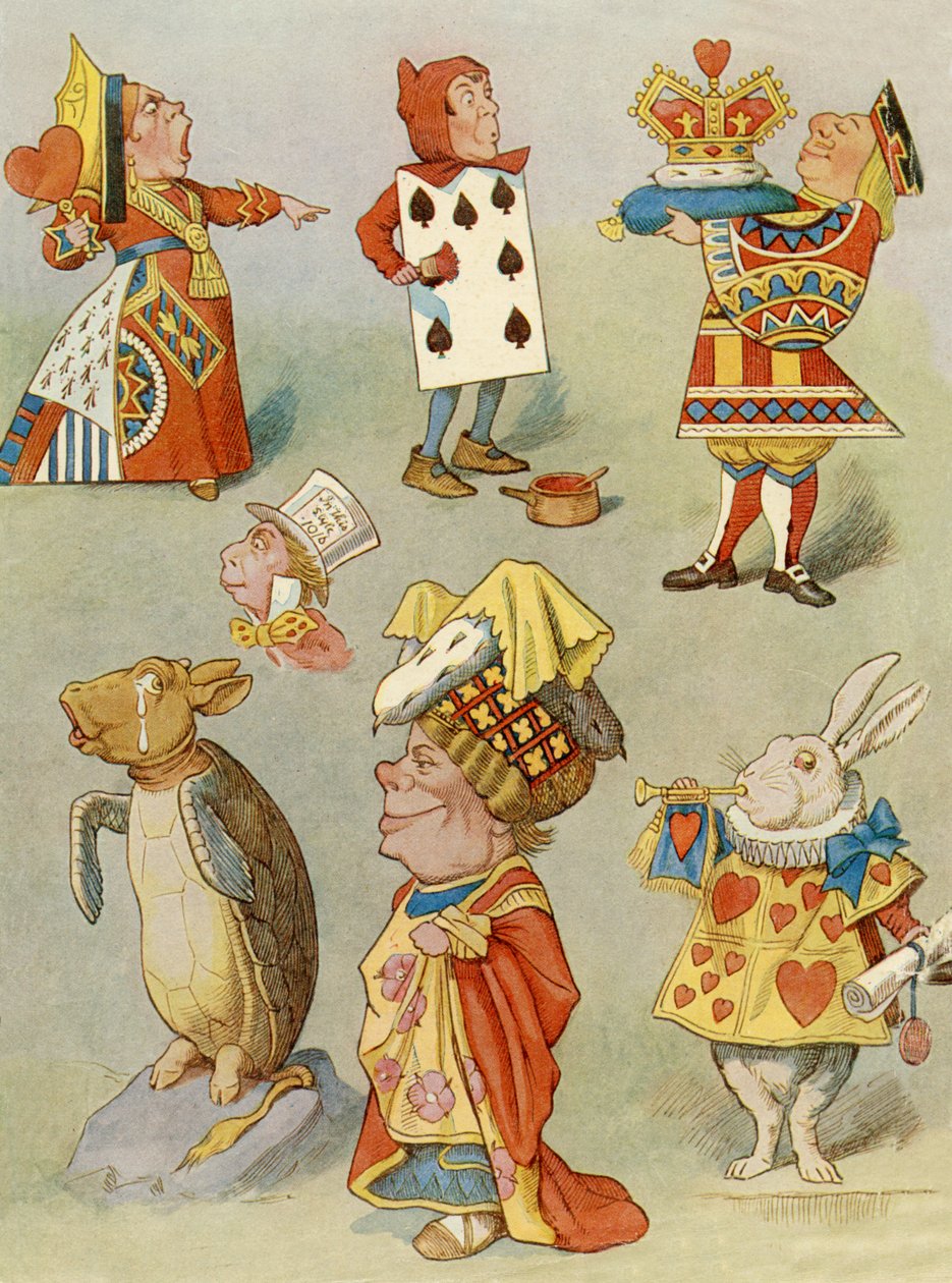 Personages uit Alice in Wonderland (kleurgravure) door John Tenniel